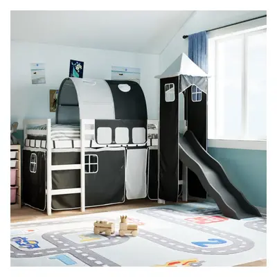 vidaXL Kids' Loft Bed with Tower White and Black 90x200 cm Solid Wood Pine