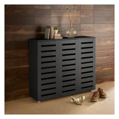 (Black) Home Source Oslo Door Slatted Shoe Cabinet Storage Unit