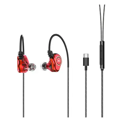 (Red, Type C) Type C 3.5mm Plug Double Moving Coil Two Speaker In Ear Earphone Waterproof Sports