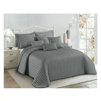 (Grey, Super King) 3pcs Quilted Beautiful Pom Pom Bedspread Comforter Throw Set With 2Pillow Sha