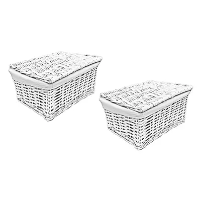 (WHITE, Set of Large) Lidded Wicker Storage Hamper Basket Lining