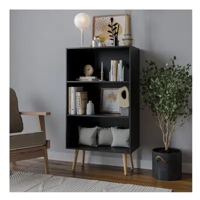 (Black, Beech) 60cm Wide Tier Bookcase Storage Cabinet Scandinavian Style Legs Dining Room Displ