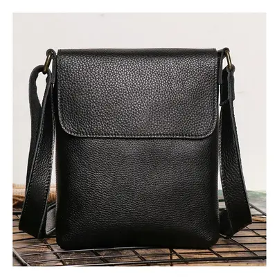 (Black, 22X19X3cm) Genuine Leather Daily Casual Shoulder Bag for Men Small Dark Brown Vintage Me