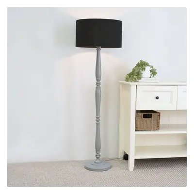 ValueLights Victoria Black Drum Shade Grey Wood Stem Floor Lamp