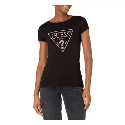 GUESS Women's Short Sleeve Embellished Logo R3 Tee Jet Black Small