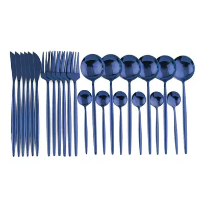 (Blue, 1) 24pcs Stainless Steel Cutlery Set Fork Knife Spoon Tableware Flatware