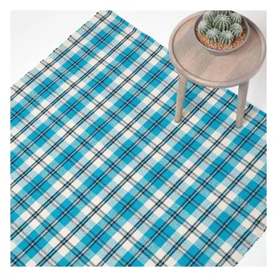 (150 x cm, Blue) Handwoven Tartan 100% Cotton Rug