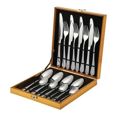 (Silver -piece wooden box) Stainless Steel Tableware -Piece Set Of Classic Tableware Four Compon