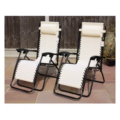 (Cream) Set Of Reclining Sun Loungers Gravity Folding Garden Chairs