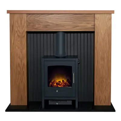 Adam New England Stove Fireplace Oak & Black + Bergen Electric Stove Charcoal Grey, 48"