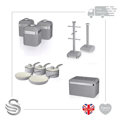 (Grey) Swan Retro 11pce Kitchen Set - Bread Bin, Storage Canisters, Mug Tree, Towel Pole Kitchen