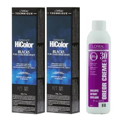 (H21(2)+Dev(Vol.30)8oz) L'Oreal Excellence HiColor H21 Black Onyx BLACKS For Dark Hair Only