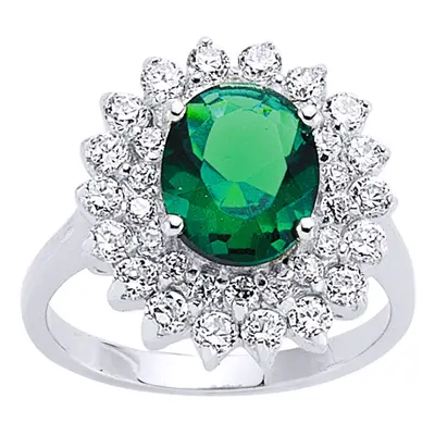 (O) Jewelco London Ladies Rhodium Plated Sterling Silver Green Oval Cubic Zirconia Royal Cluster