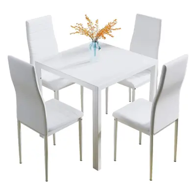 (White) Glass Table and Chairs Set 4, 75cm Square Table with Faux Leather High Back Chairs Moder