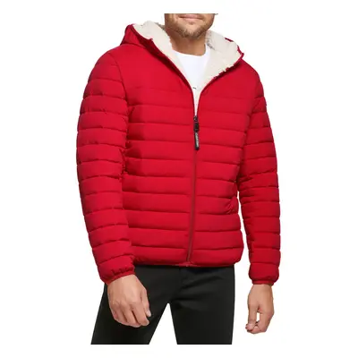 Calvin Klein Mens Hooded Down Jacket Quilted Coat Sherpa Lined Deep Red Large