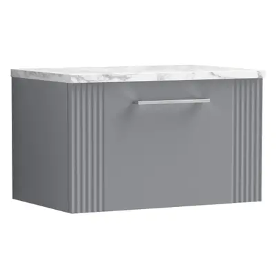 Retro Drawer Wall Hung Vanity Unit with Carrera Marble Laminate Worktop - 600mm - Satin Grey - B