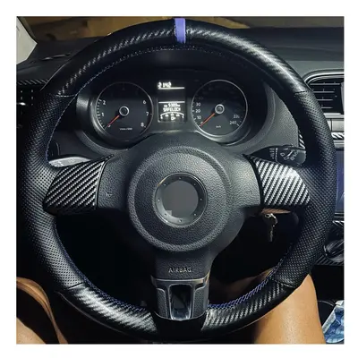 (Red Blue Thread) No-Slip Black Carbon Fiber Leather Car Steering Wheel Cover For Volkswagen