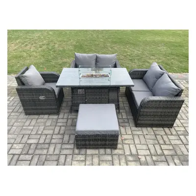 Fimous Rattan Garden Furniture Set with Gas Fire Pit Dining Table Big Footstool Indoor Outdoor p