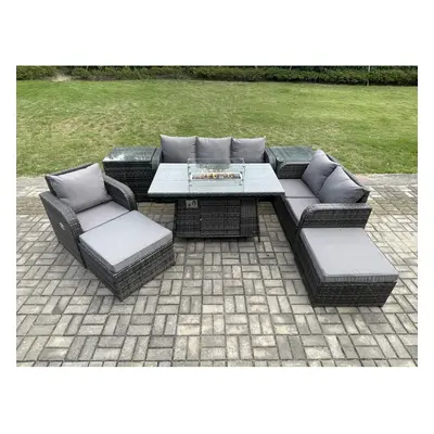 Fimous Garden Patio Furniture Wicker Rattan Gas Fire Pit Table and Sofa Chair set with Side Tabl