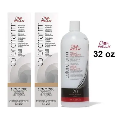 (12N(2)+Dev(Vol.20)32oz) Wella Color Charm 12N/1200 High Lift Blonde Permanent Gel Haircolor