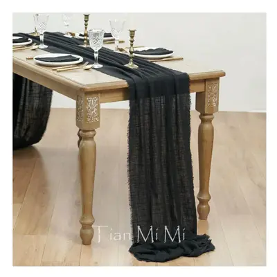 (62x1000cm, Black) Table Runner Rustic Cotton Gauze Cloth Dining Burlap Retro Burr Texture Vinta