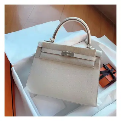 (White, Silver hardware) Advanced Niche Light Luxury Brand Kelly Bag Wide Shoulder Strap Handbag