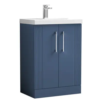 Retro Door Floor Standing Vanity Unit with Mid-Edge Tap Hole Ceramic Basin - 600mm - Satin Blue 