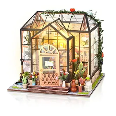 Cuteefun Miniature DIY Dolls House Kit, 1:24 Miniature Greenhouse Craft Kit for Adults, LED Warm