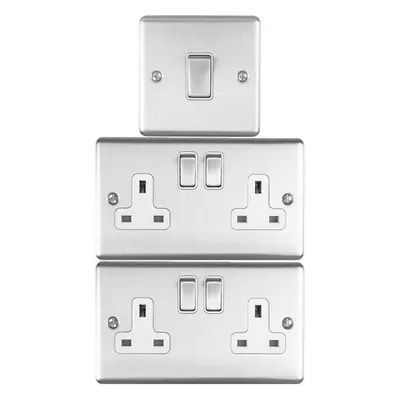 SATIN STEEL Bedroom Socket & Switch Set- 1x Light & 2x Double UK Power Sockets