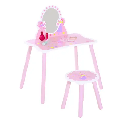 HOOMCOM Girls Kids Pink Dressing Table Make Up Play Set Desk Chair Mirror Wooden