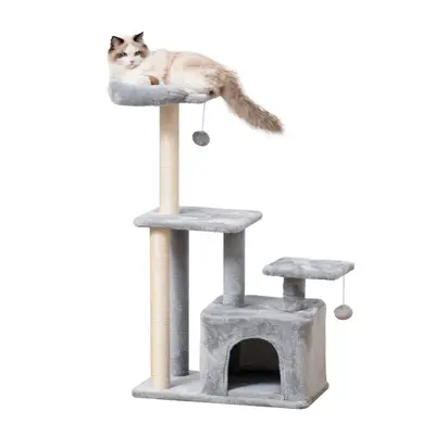 PawHut Cat Tree Activity Center w/ Scratching Post Sisal Hanging Ball Light Grey