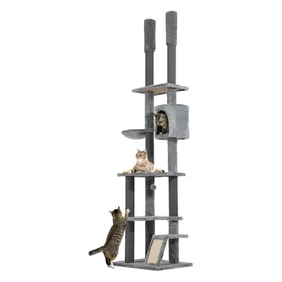 PawHut 225-255cm Floor to Ceiling Cat Tree for Indoor Cats w/ House, Ramp