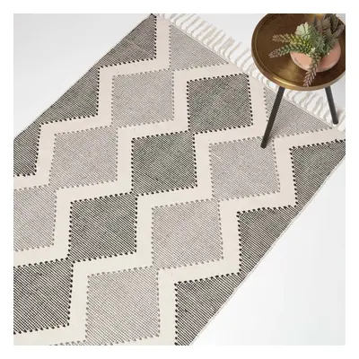 (120 x cm) Malmo Handwoven White & Grey Cotton Textured Rug, x cm