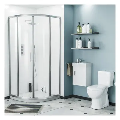 Lindley 3-Piece Shower Suite: 900mm Quadrant Enclosure, Tray, WC Toilet, Wall Hung 400mm Vanity 