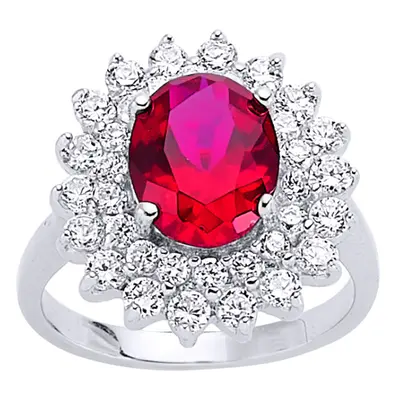 (Q) Jewelco London Ladies Rhodium Plated Sterling Silver Red Oval Cubic Zirconia Royal Cluster S