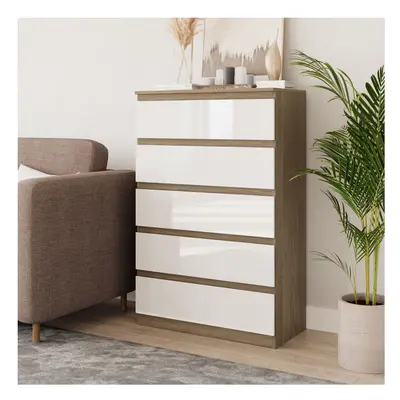 (Oak & White) Drawer High Glossy Wooden Bedroom Chest Cabinet No Handle Drawer Storage