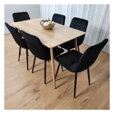 Rectangle Oak Effect Dining Table With Black Velvet Tufted Chairs