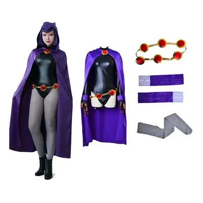 (Suit(Jumpsuits*1+Cloak*1+Waist Accessories*1+Cuff*2+Pantyhose*1), M) Anime Teen Titan Raven Cos