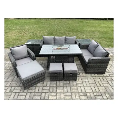 Fimous Garden Patio Furniture Wicker Rattan Gas Fire Pit Table and Sofa Chair set with Side Tabl