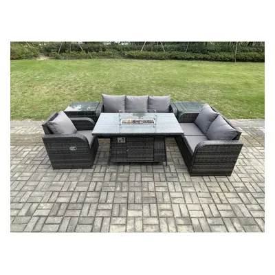 Fimous Garden Patio Furniture Wicker Rattan Gas Fire Pit Table and Sofa Chair set with Side Tabl