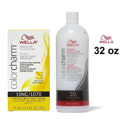 (10NG + Developer (Vol. 20) 32oz ) Wella Color Charm Haircolor 10NG Honey Beige Blonde