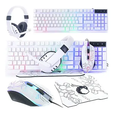 White Gaming Keyboard and Mouse and Gaming Headset & Mouse Pad, Wired LED RGB Backlight Bundle f