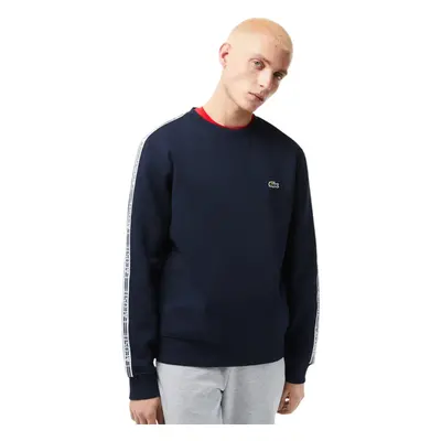 (Navy, Large) Lacoste Logo Stripe Crew Neck Fleece Sweatshirt