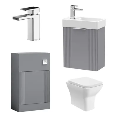 Cloakroom Suite - Fluted Wall Hung Vanity, WC, Toilet and Tap - Grey/Chrome