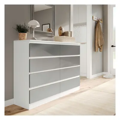 (White Carcass + Grey Drawers) Modern Wide Wooden Chest of Drawers Bedroom Furniture Storage Bed