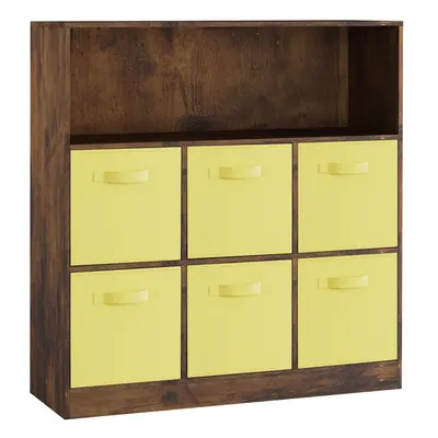 (Rustic Brown, Yellow) Wooden Cubed Bookcase Units Shelves Drawers