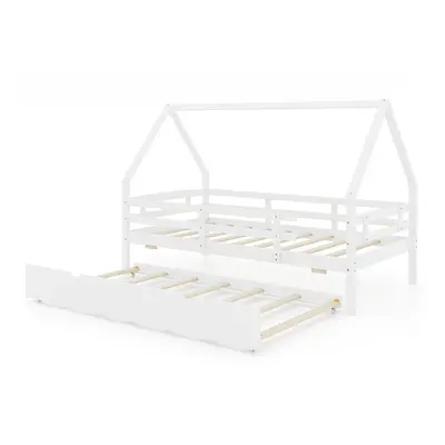 Kids House Bed Wooden Platform Bed with Full Length Safety Guardrails