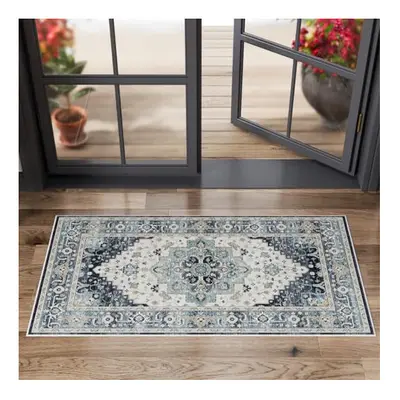 Washable Door Mat for Entryway 60x110cm, Navy Blue Vintage Door Rug for Front Back Door Short Pi