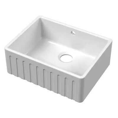 Fireclay Kitchen Single Bowl Fluted Front Butler Sink with Overflow, 595mm x 450mm - White