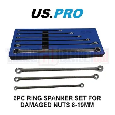 US PRO Tools 6pc Mertic Ring Spanner Set Grips Damaged Nuts & Bolts 8-19mm